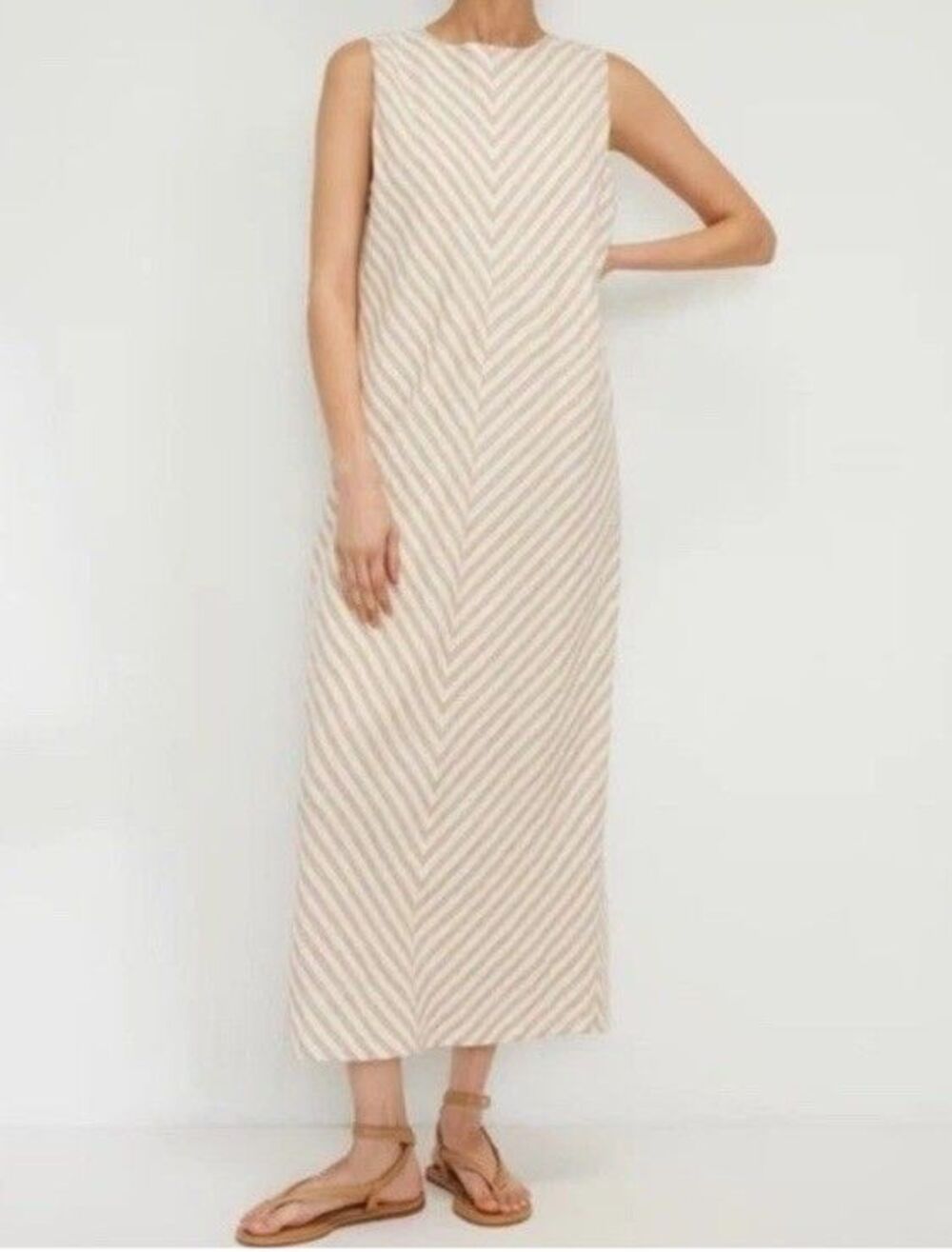 Everlane The Linen Bias Cut Dress Striped Ivory Beige Midi Size 12